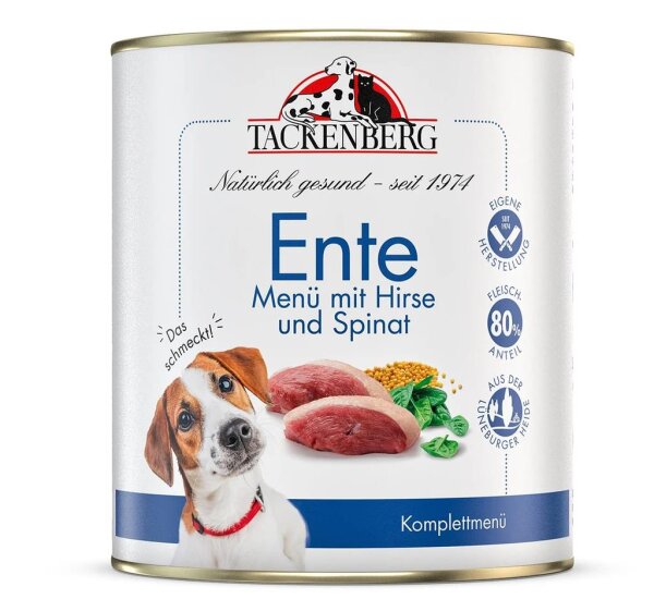Tackenberg Menü Dose - Ente mit Hirse und Spinat 800g Nassfutter für Hunde