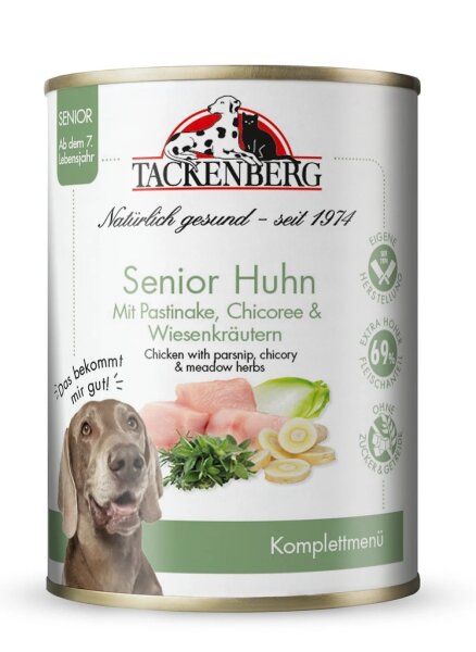 Tackenberg Senior Menü Dose - Huhn mit Pastinake, Chicoree & Wiesenkräutern 400g Nassfutter für Hunde