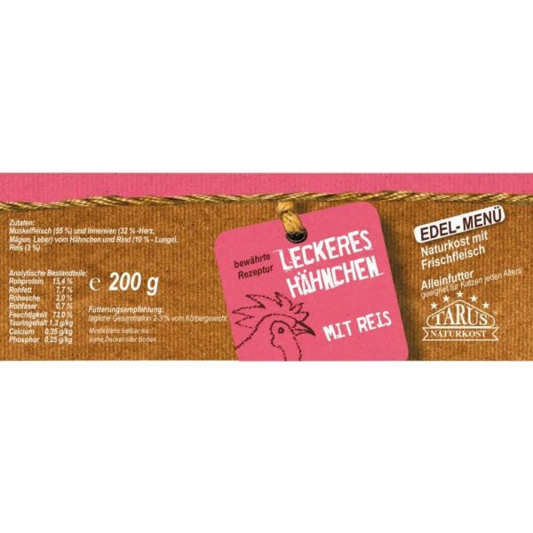 Tarus Naturkost Katze - Hähnchen mit Reis 200g - Menü für Katzen