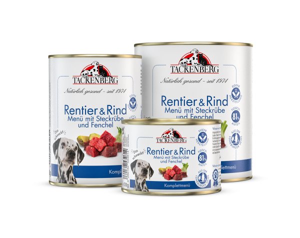 Tackenberg Menü Dose - Rentier und Rind mit Steckrübe und Fenchel 200g Nassfutter für Hunde