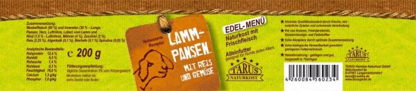 Tarus Naturkost Hund - Edel Menü Dose: Lammpansen mit Reis & Gemüse 200g 12er Pack