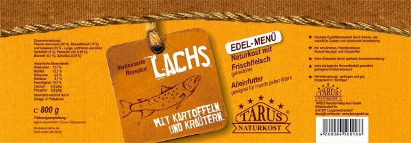 Tarus Naturkost Hund - Edel Menü Dose: Lachs mit Kräuterkartoffeln 800g 6er Pack