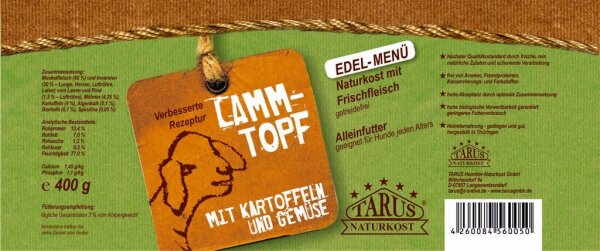 Tarus Naturkost Hund - Edel Menü Dose: Lammtopf mit Kartoffeln & Gemüse 400g 12er Pack
