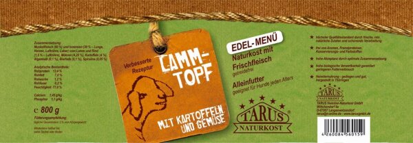 Tarus Naturkost Hund - Edel Menü Dose: Lammtopf mit Kartoffeln & Gemüse 800g 6er Pack