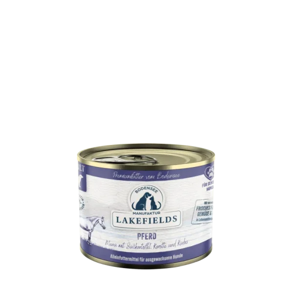 Lakefields Hunde-Nassfutter 200g - PFERD mit Süßkartoffeln, Karotte und Kürbis