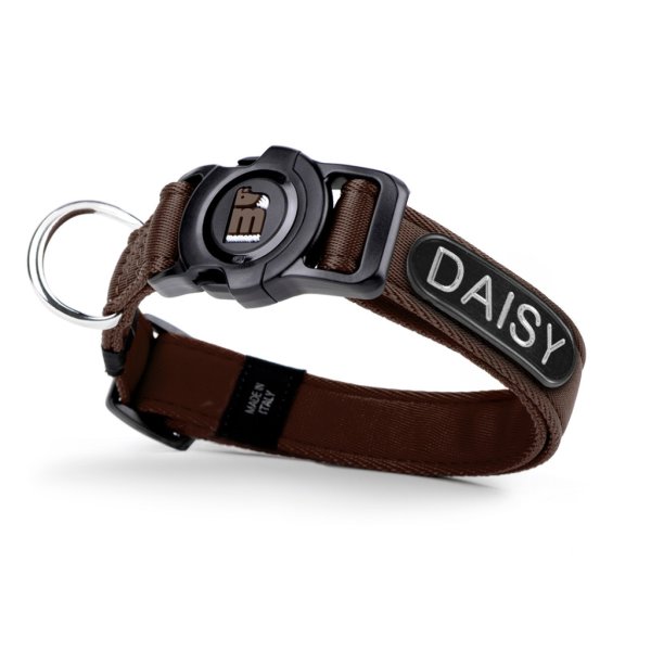 Hunde-Halsband mit NFC Chip Braun - mit Plakette zum Gravieren - Memopet