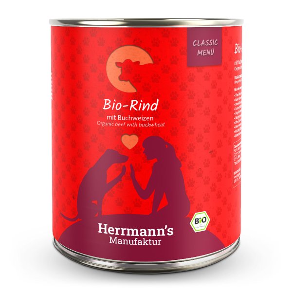Herrmanns Hunde Dose - Classic Bio-Rind mit Buchweizen - 800gx6 - 6er Pack für Hunde Nassfutter