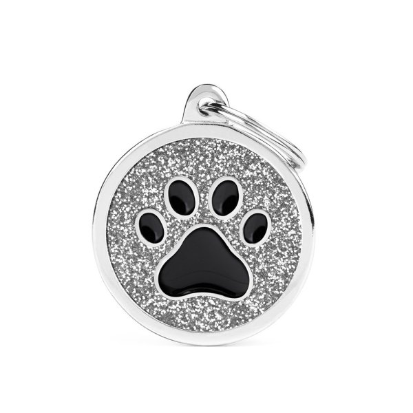 Charms: Schwarze Pfote auf grauem Chip - Schmuckanhänger zum Gravieren