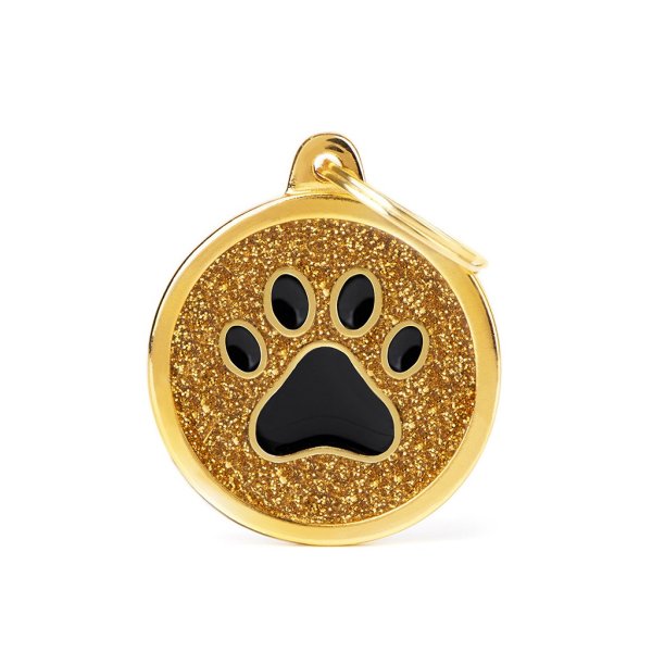 Charms: Schwarze Pfote auf goldenem Chip - Schmuckanhänger zum Gravieren