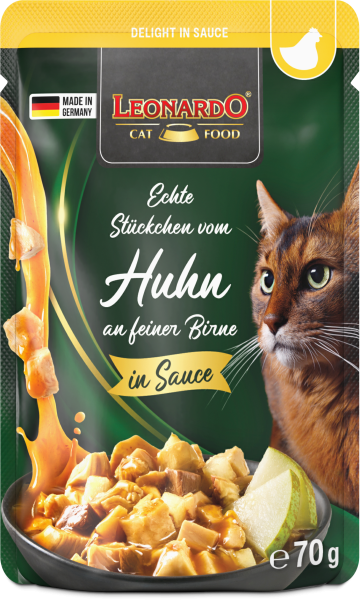 LEONARDO® Pouches Delight in Sauce Echte Stückchen vom Huhn an feiner Birne 70g