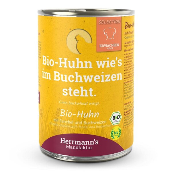 Herrmanns Hunde Dose - Adult Bio-Huhn mit Fenchel und Buchweizen  - 400g Hunde Nassfutter