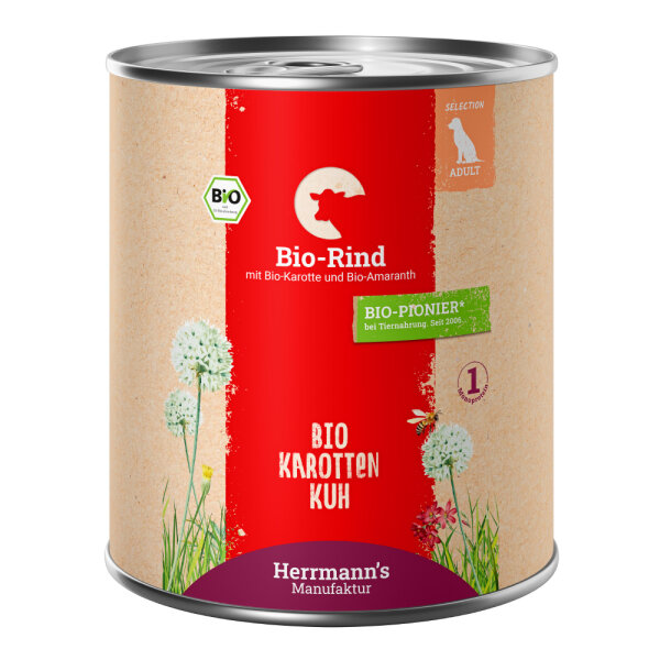 Herrmanns Hunde Dose - Adult Bio-Rind mit Karotten und Amaranth - 800g für Hunde Nassfutter