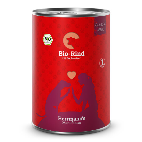 Herrmanns Hunde Dose - Classic Bio-Rind mit Buchweizen - 400g für Hunde Nassfutter