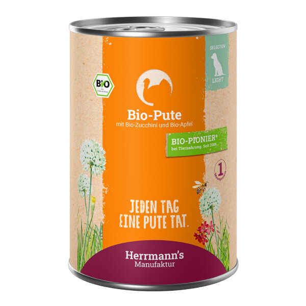 Herrmanns Hunde Dose - Light Bio-Pute mit Zucchini und Apfel  - 400g Hunde Nassfutter Selection Light