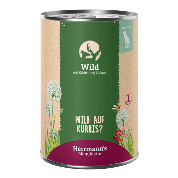 Herrmanns Hunde Dose - Light Wild mit Kürbis und Quinoa  - 400g Hunde Nassfutter Selection Light