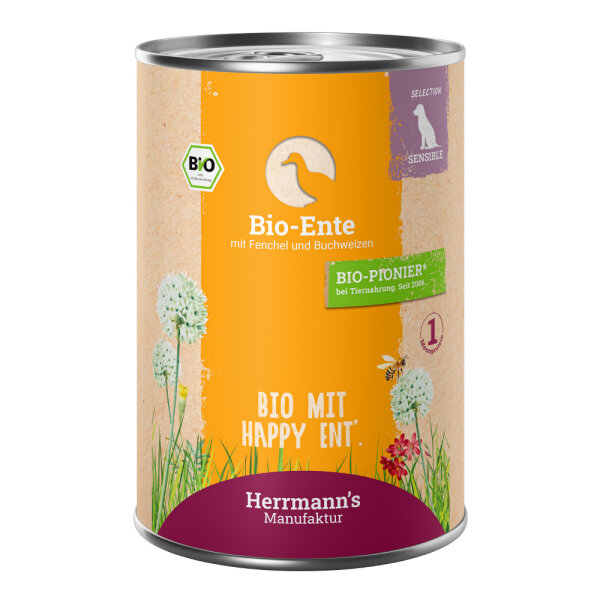 Herrmanns Hunde Dose - Sensible Bio-Ente mit Fenchel und Buchweizen - 400g Hunde Nassfutter