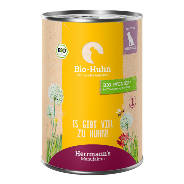 Herrmanns Hunde Dose - Sensible Bio-Huhn mit Karotte und Reis - 400g Hunde Nassfutter