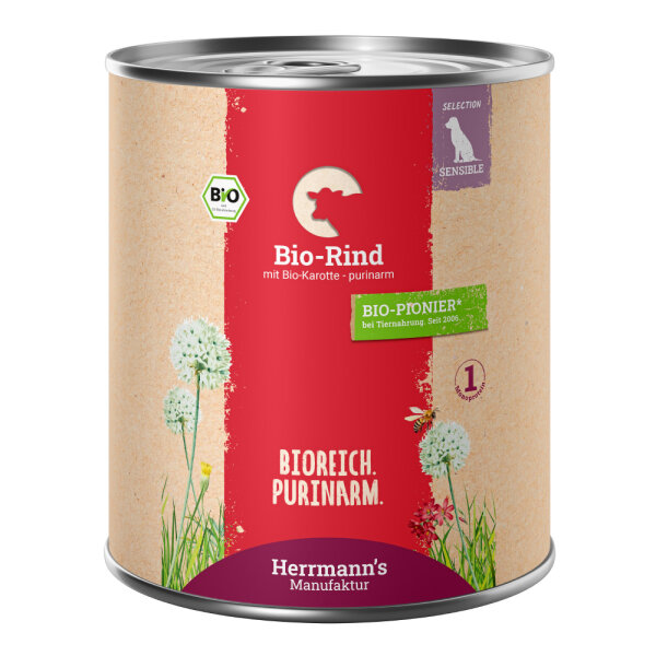 Herrmanns Hunde Dose - Sensible Bio-Rind mit Karotten und Süßkartoffel  - 800g Hunde Nassfutter purinarm sensibel