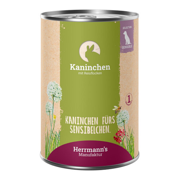 Herrmanns Hunde Dose - Sensible Kaninchen mit Reisflocken - 400g Hunde Nassfutter sensibel