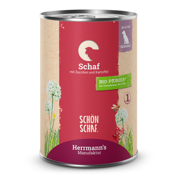 Herrmanns Hunde Dose - Sensible Schaf mit Zucchini und Kartoffeln - 400g Hunde Nassfutter sensibel