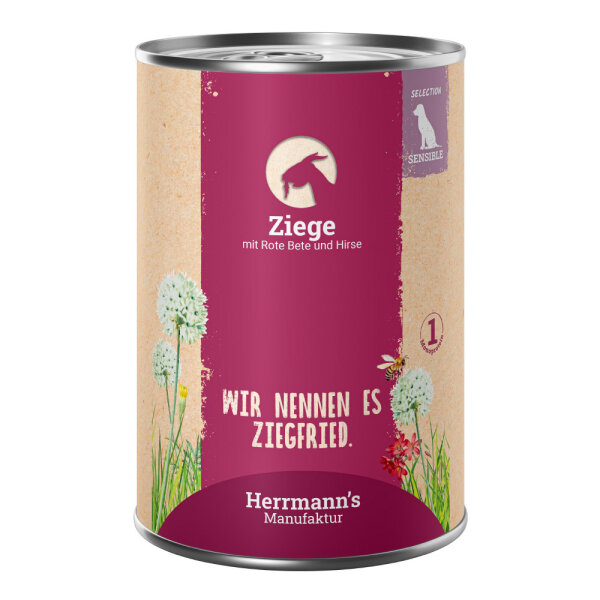Herrmanns Hunde Dose - Sensible Ziege mit Rote Beete und Hirse - 800g Hunde Nassfutter sensibel