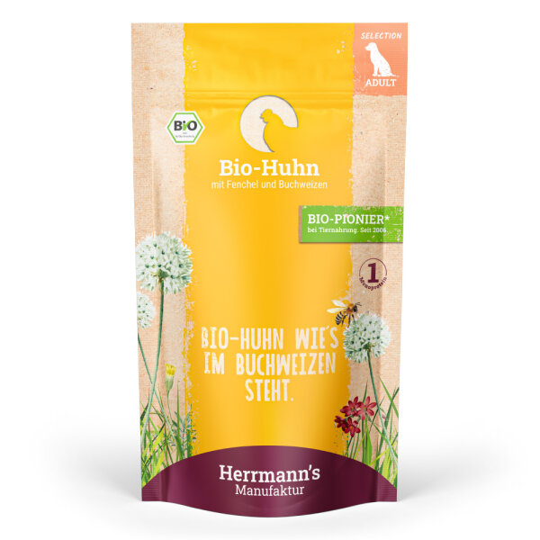 Herrmanns Hunde Pouches - Adult Bio-Huhn mit Fenchel und Buchweizen - 150g Hunde Nassfutter