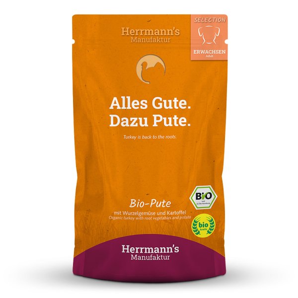 Herrmanns Hunde Pouches - Adult Bio-Pute mit Pastinake & Kartoffel  - 150g Hunde Nassfutter
