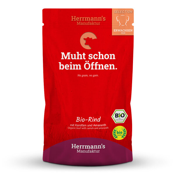 Herrmanns Hunde Pouches - Adult Bio-Rind mit Karotten und Amaranth - 150g für Hunde Nassfutter