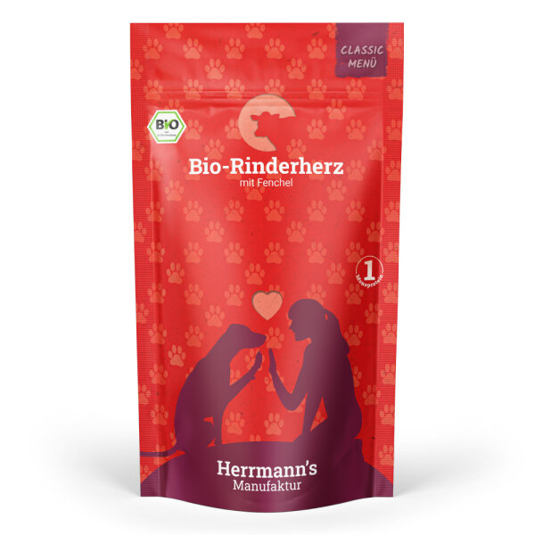 Herrmanns Hunde Pouches - Classic Bio-Rinderherz mit Fenchel - 130g Hunde Nassfutter