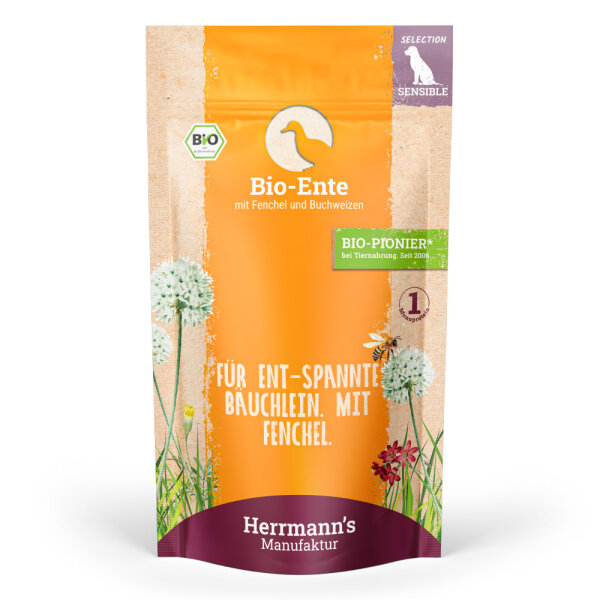 Herrmanns Hunde Pouches - Sensible Bio-Ente mit Fenchel und Buchweizen - 150g Hunde Nassfutter