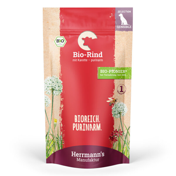 Herrmanns Hunde Pouches - Sensible Bio-Rind mit Karotten und Süßkartoffel - 150g purinarm