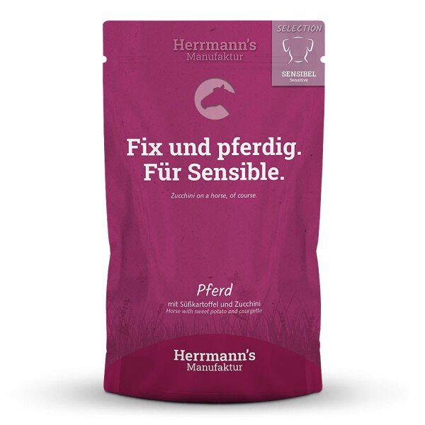 Herrmanns Hunde Pouches - Sensible Pferd mit Süßkartoffel und Zucchini - 150g Hunde Nassfutter