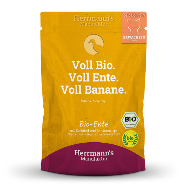 Herrmanns Katzen Pouches - Adult Bio-Ente mit Kartoffeln und Bananenchips 100g