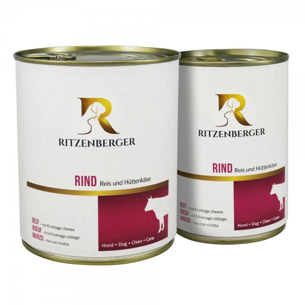 Ritzenberger Hunde Menü Dose -  Rind mit Reis & Hüttenkäse 800g - Hundefutter