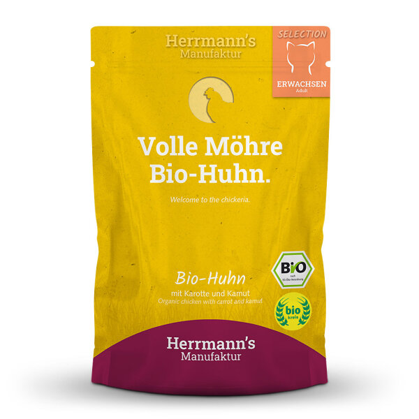 Herrmanns Katzen Pouches - Adult Bio-Huhn mit Karotte und Kamut 100g