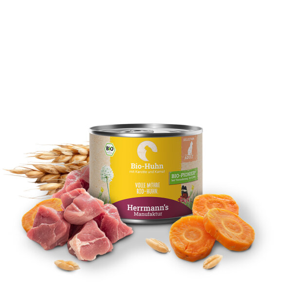 Herrmanns Katzen Dose - Bio-Huhn mit Karotte und Kamut 200g