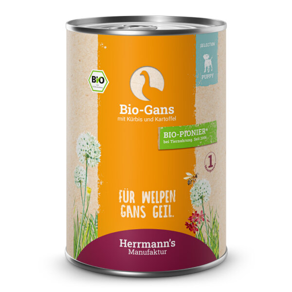Herrmanns Welpen Menu Dose - Bio-Gans mit Kürbis und Kartoffeln - 400g Hunde Nassfutter für Welpen