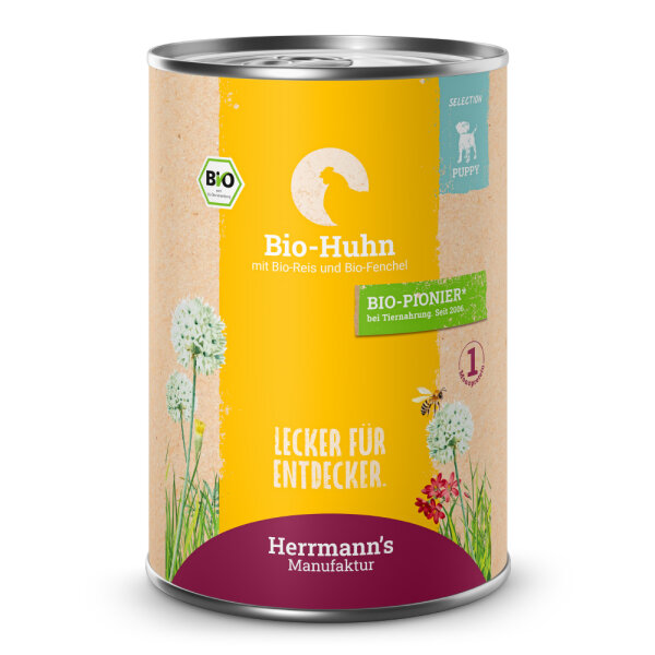 Herrmanns Welpen Menu Dose - Bio-Huhn mit Reis und Fenchel  - 400g Hunde Nassfutter für Welpen