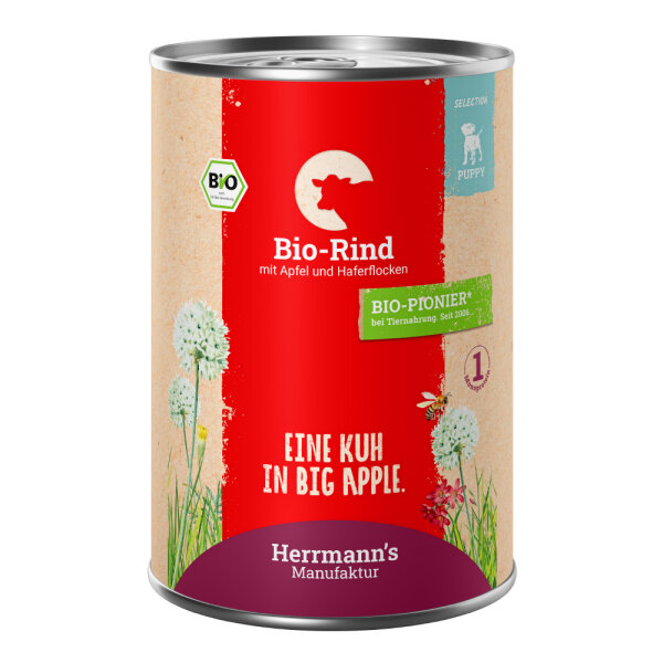 Herrmanns Welpen Menu Dose - Bio-Rind mit Apfel und Haferflocken - 400g Hunde Nassfutter für Welpen