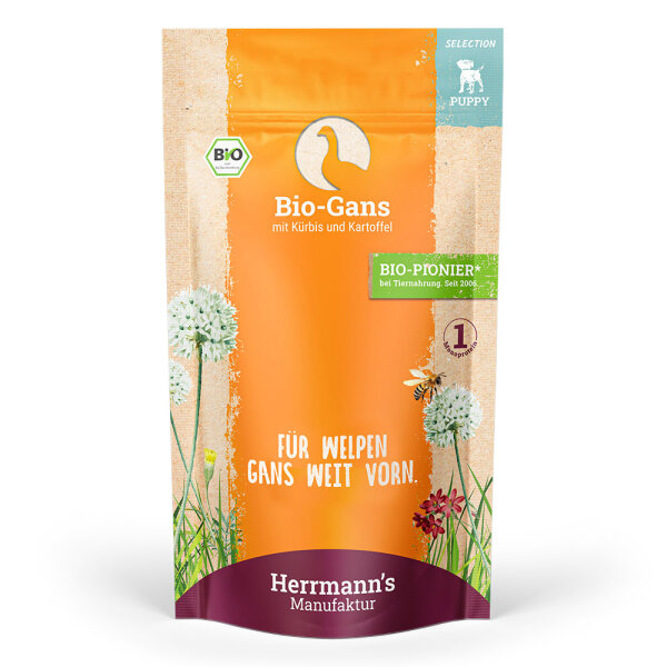 Herrmanns Welpen Menu Pouches - Bio-Gans mit Kürbis und Kartoffeln - 150g Hunde Nassfutter für Welpen