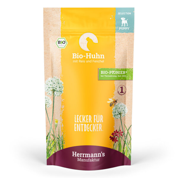 Herrmanns Welpen Menu Pouches - Bio-Huhn mit Reis und Fenchel  - 150g Hunde Nassfutter für Welpen