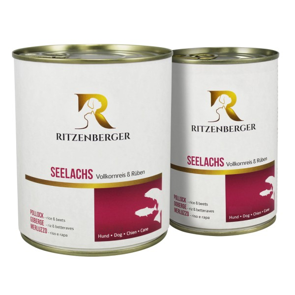 Ritzenberger Hunde Menü Dose -  Seelachs mit Vollkornreis 800g - Hundefutter