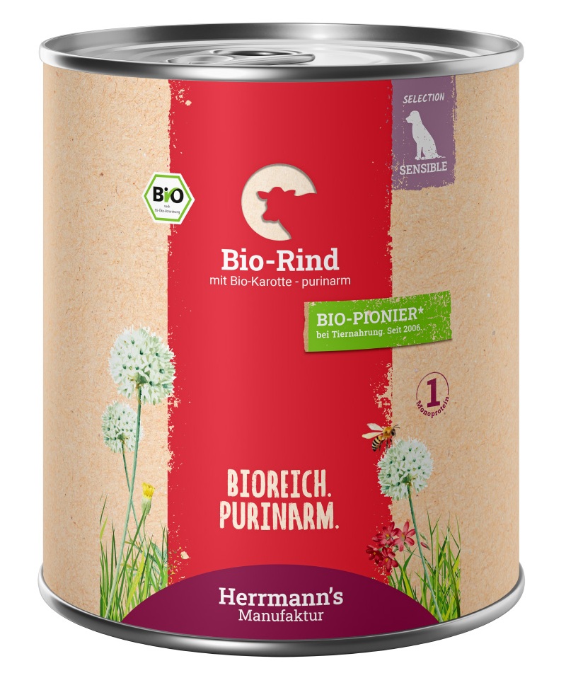 Herrmann's Hunde Dose - Sensible Bio-Rind mit Karotten und Süßkartoffel  - 800g purinarm sensibel