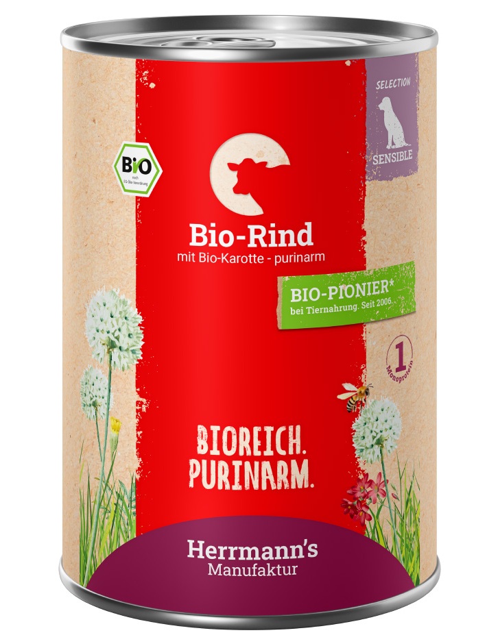 Herrmann's Hunde Dose - Sensible Bio-Rind mit Karotten und Süßkartoffel - 400g Hunde Nassfutter purinarm sensibel