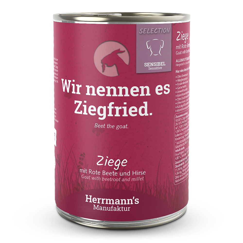 Herrmann's Hunde Dose - Sensible Ziege mit Rote Beete und Hirse - 400g Hunde Nassfutter sensibel