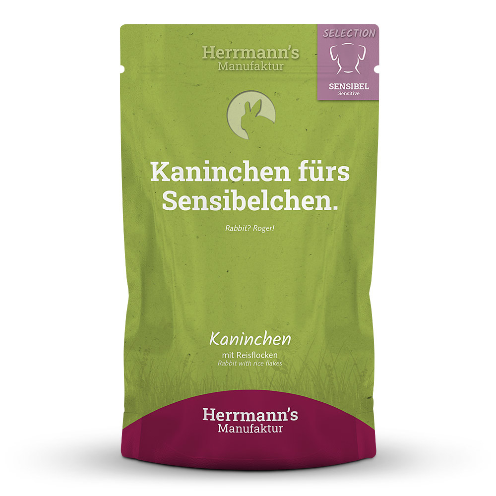 Herrmann's Hunde Pouches - Sensible Kaninchen mit Reisflocken - 150g Hunde Nassfutter sensibel