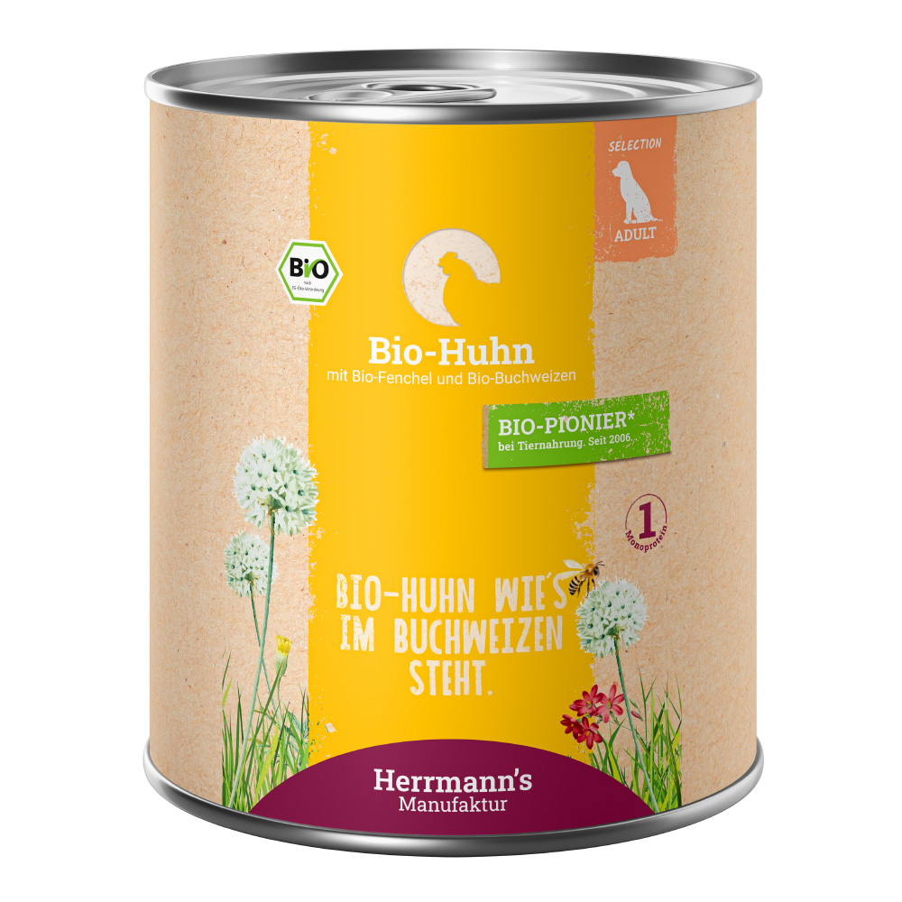 Herrmann's Hunde Dose - Adult Bio-Huhn mit Fenchel und Buchweizen  - 800g Hunde Nassfutter