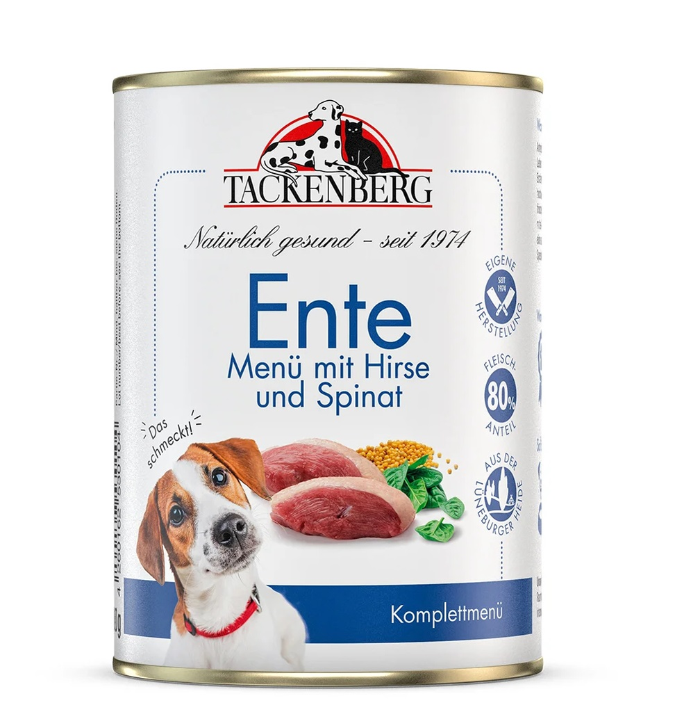 Tackenberg Menü Dose - Ente mit Hirse und Spinat 400g Nassfutter für Hunde