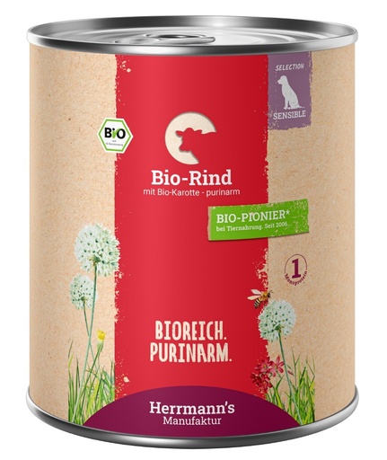 [HM009969] Herrmann's Hunde Dose - Sensible Bio-Rind mit Karotten und Süßkartoffel  - 800g Hunde Nassfutter purinarm sensibel