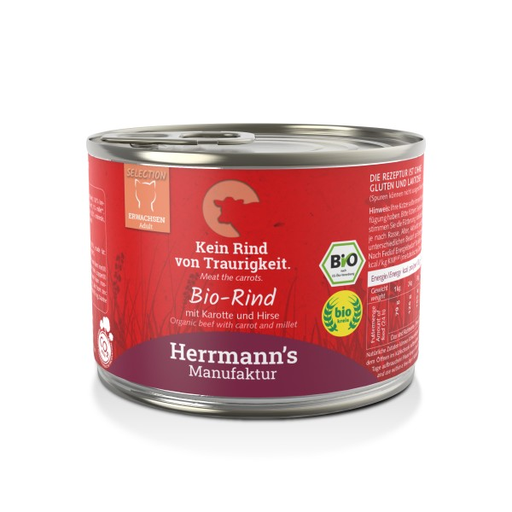 [HM007590] Herrmann's Katzen Dose - Bio-Rind mit Karotte und Hirse - 200g Katzen Nassfutter